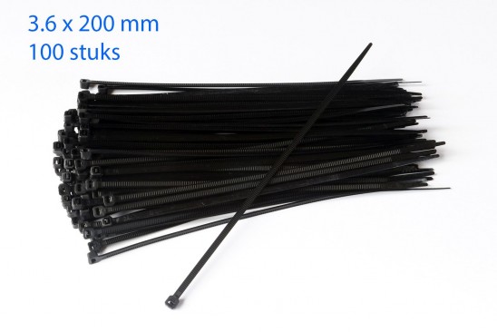 Kabelbinders / ty-raps zwart weerbestendig 200 x 3,6 mm 100 stuks 